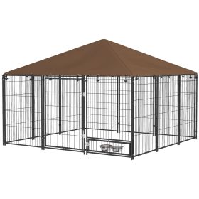 Outside Dog Kennel, 6.9' x 4.6' x 5' Puppy Play Pen with Canopy, Garden Playpen Fence Crate with Rotating Bowl, Black
