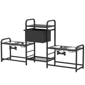 3 Height Adjustable Dog Bowl Stand with 2 Feeding Stations, Toy Bin Basket, Black